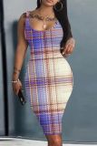 Casual Plaid Print U Neck Sleeveless Vacation Bodycon Midi Tank Dress
