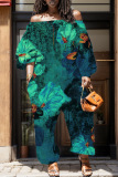 Casual Floral Print Off Shoulder Long Sleeve Vacation Straight Harem Jumpsuits