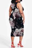 Floral Print Sleeveless O Neck Wrapped Skirt Plus Size Bodycon Midi Tank Dresses