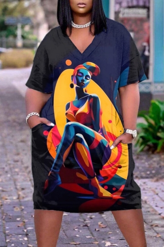Casual Graphics Print Basic V Neck Short Sleeve Loose Pockets Straight Midi T-Shirt Dress