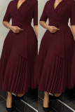 Formal Turndown Collar Half Sleeve With Belt Office Lady Pleated A Line Maxi Dresses