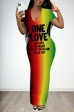 Casual Graphics Print V Neck Short Sleeve Long Bodycon Maxi T-shirt Dresses