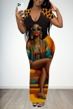 Casual Graphics Print V Neck Short Sleeve Long Bodycon Maxi T-shirt Dresses