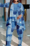Casual Graphics Print Long Sleeve O Neck Irregular Tops And Wide Leg Pants Plus Size Two Pieces Trouser Sets