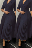 Formal Turndown Collar Half Sleeve With Belt Office Lady Pleated A Line Maxi Dresses