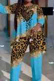 Casual Graphics Print Long Sleeve O Neck Irregular Tops And Wide Leg Pants Plus Size Two Pieces Trouser Sets