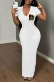 Casual Graphics Print V Neck Short Sleeve Long Bodycon Maxi T-shirt Dresses