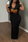 Casual Graphics Print V Neck Short Sleeve Long Bodycon Maxi T-shirt Dresses