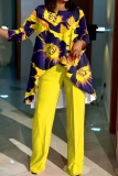 Casual Graphics Print Long Sleeve O Neck Irregular Tops And Wide Leg Pants Plus Size Two Pieces Trouser Sets