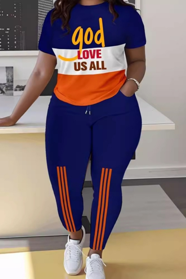 Sportwear Casual Graphics Print Basic O Neck Short Sleeve Oversize T-shirt And Skinny Pants Two Pieces Trouser Sets