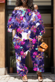 Casual Floral Print Off Shoulder Long Sleeve Vacation Straight Harem Jumpsuits