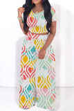 Casual Geometric Print O Neck Short Sleeve Crop Tops And Wide Leg Pants Vacation Two Pieces Trouser Sets