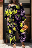 Casual Floral Print Off Shoulder Long Sleeve Vacation Straight Harem Jumpsuits