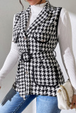 Casual Houndstooth Print Turndown Collar Lapel Neck Belted Vest Overcoat