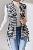 Casual Houndstooth Print Turndown Collar Lapel Neck Belted Vest Overcoat