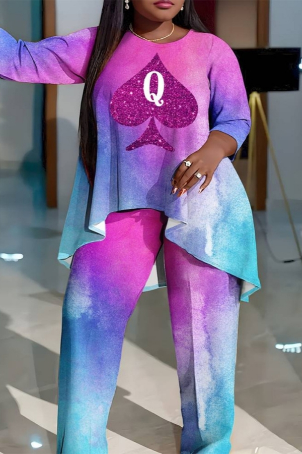 Casual Graphics Print Long Sleeve O Neck Irregular Tops And Wide Leg Pants Plus Size Two Pieces Trouser Sets