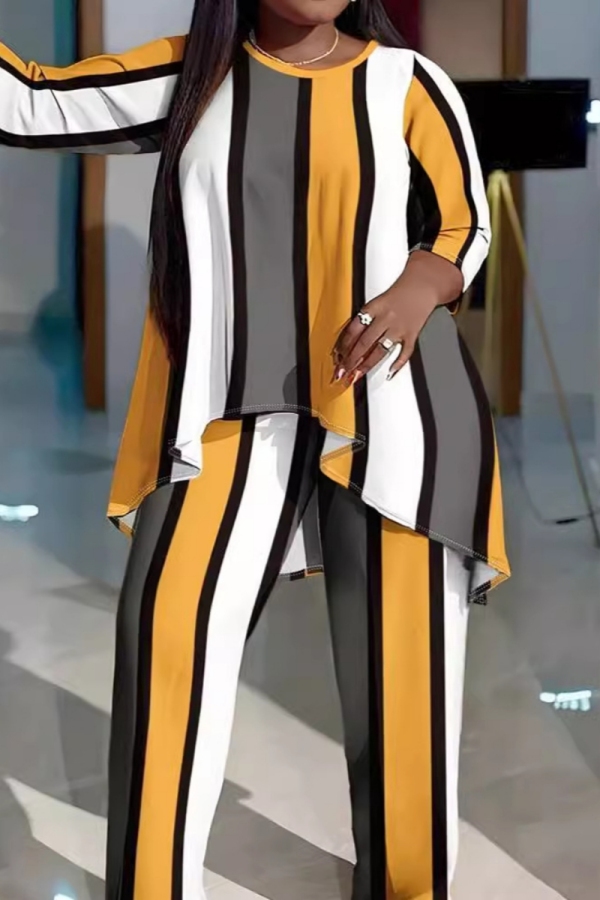 Casual Graphics Print Long Sleeve O Neck Irregular Tops And Wide Leg Pants Plus Size Two Pieces Trouser Sets