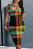 Casual Plaid Print U Neck Sleeveless Vacation Bodycon Midi Tank Dress