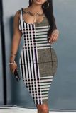Casual Plaid Print U Neck Sleeveless Vacation Bodycon Midi Tank Dress