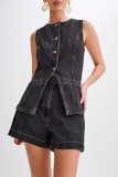 Deep Blue Denim Casual Solid Patchwork Buttons Up O Neck Sleeveless Tops Shorts Two Piece Sets