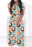 Casual Geometric Print O Neck Short Sleeve Crop Tops And Wide Leg Pants Vacation Two Pieces Trouser Sets