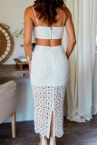Formal Lace Backless Sleeveless Hollow Out Cami Crop Tops And Maxi Skirt Evening Party Two Pieces Dress Set