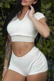Sportwear Zipper Collar Short Sleeve Crop Tops And Shorts Two Pieces Shorts Sets