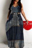 Casual Graphics Print Backless Spaghetti Strap Floor Length Vacation Baggy Sundress Slip Maxi Dress