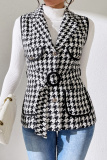 Casual Houndstooth Print Turndown Collar Lapel Neck Belted Vest Overcoat