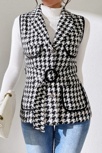 Casual Houndstooth Print Turndown Collar Lapel Neck Belted Vest Overcoat