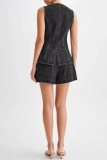 Deep Blue Denim Casual Solid Patchwork Buttons Up O Neck Sleeveless Tops Shorts Two Piece Sets