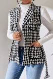 Casual Houndstooth Print Turndown Collar Lapel Neck Belted Vest Overcoat