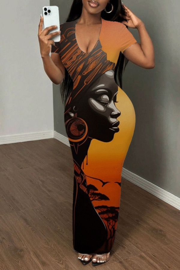 Casual Graphics Print V Neck Short Sleeve Long Bodycon Maxi T-shirt Dresses