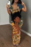 Casual Graphics Print V Neck Short Sleeve Long Bodycon Maxi T-shirt Dresses