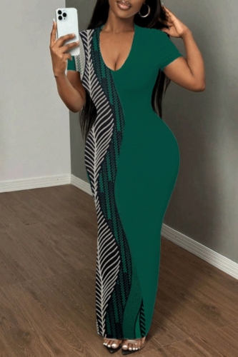Casual Graphics Print V Neck Short Sleeve Long Bodycon Maxi T-shirt Dresses