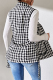 Casual Houndstooth Print Turndown Collar Lapel Neck Belted Vest Overcoat