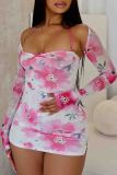 Floral Print Sleeveless Halter Bodycon Mini Dresses And Long Sleeve Tops Two Pieces Sets