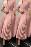 Formal Turndown Collar Half Sleeve With Belt Office Lady Pleated A Line Maxi Dresses