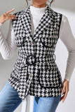 Casual Houndstooth Print Turndown Collar Lapel Neck Belted Vest Overcoat