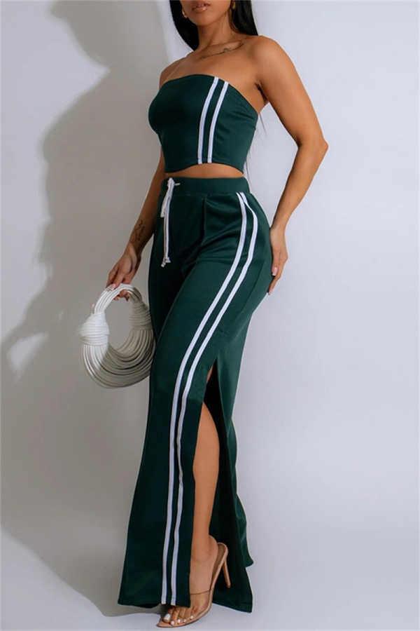 2pcs/Set Women Striped Print Sleeveless Tube Top And Elastic Waist Pants, Casual  | ChicGrl