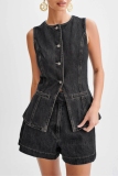 Deep Blue Denim Casual Solid Patchwork Buttons Up O Neck Sleeveless Tops Shorts Two Piece Sets