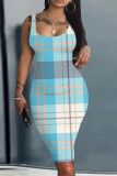 Casual Plaid Print U Neck Sleeveless Vacation Bodycon Midi Tank Dress