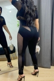 Hollow Out See-Through Half A Turtleneck Mesh Skinny Jumpsuits