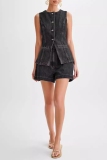 Deep Blue Denim Casual Solid Patchwork Buttons Up O Neck Sleeveless Tops Shorts Two Piece Sets