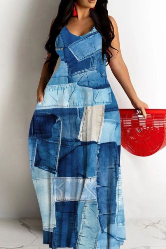 Casual Graphics Print Backless Spaghetti Strap Floor Length Vacation Baggy Sundress Slip Maxi Dress