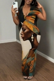 Casual Graphics Print V Neck Short Sleeve Long Bodycon Maxi T-shirt Dresses