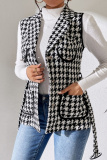 Casual Houndstooth Print Turndown Collar Lapel Neck Belted Vest Overcoat