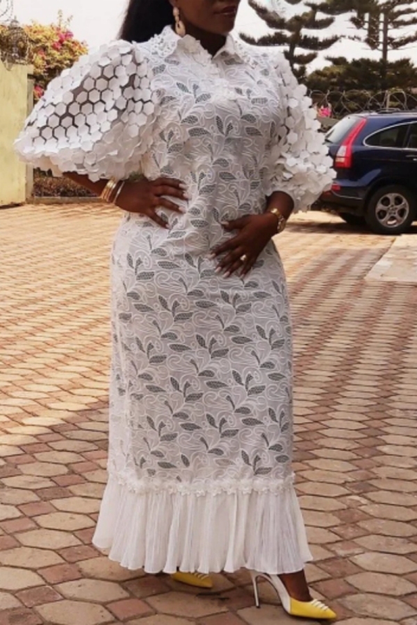 Lace Puff Sleeves Turndown Collar Long Sleeve Pleated Hem Formal Evening Party Vacation Maxi Dress