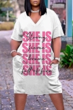 Casual Graphics Print Basic V Neck Short Sleeve Loose Pockets Straight Midi T-Shirt Dress