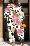 Casual Floral Print Off Shoulder Long Sleeve Vacation Straight Harem Jumpsuits